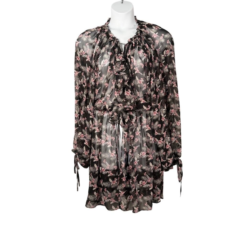 Victoria's Secret Duster M/L Black Pink Floral Sheer Chiffon Ruffle Trim Kimono